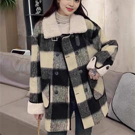 加棉加厚格子拼接韩系显瘦毛呢外套2024新款冬季大码胖MM遮肉大衣