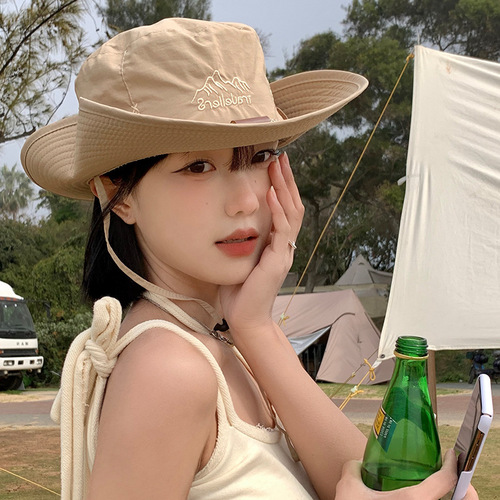 Western cowboy hat for women, summer thin breathable large brim outdoor camping hiking hat, sunshade and sunscreen fisherman's hat