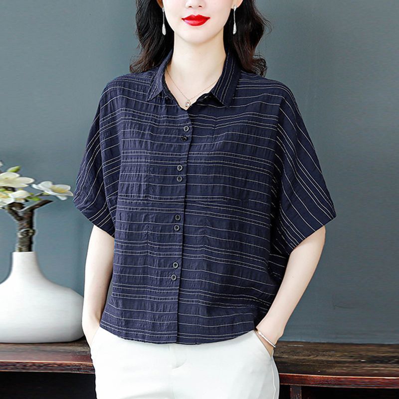 2025年中年妈妈夏装棉麻短袖女士衬衫时尚宽松显瘦小衫打底衫上衣|undefined