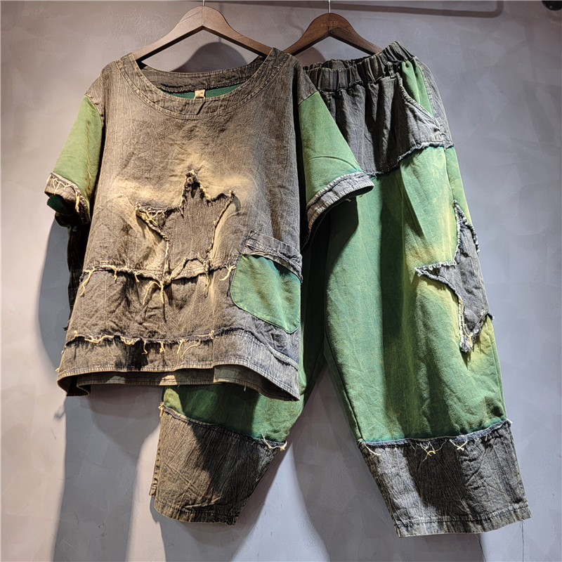 个性夏季撞色新款拼接牛仔短袖五星哈伦裤两件套大码宽松时尚套装