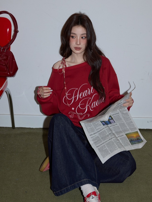 吵吵家红色卫衣女秋季2025新款设计感小众宽松字母刺绣假两件上衣|undefined