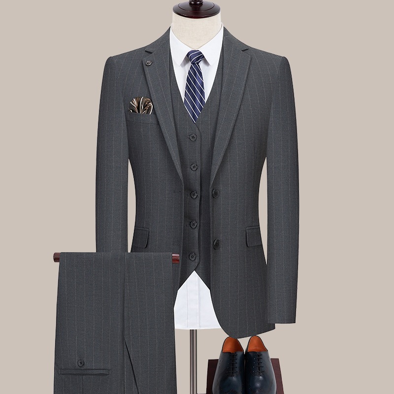 2025新款春秋男士西服三件套经典条纹轻商务休闲西装结婚伴郎喜服