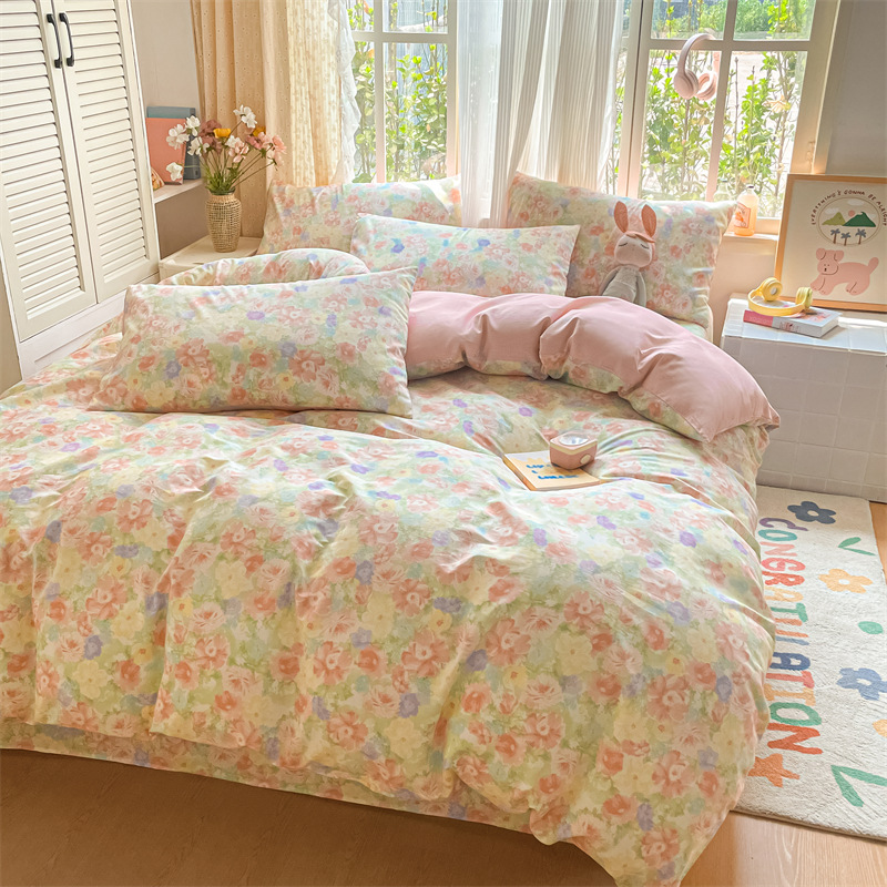 Fresh and Simple Pure Cotton Four-Piece Set 40S Full Cotton Floral Bedding Three-Piece Set Bed Sheet, Fitted Sheet, Duvet Cover, Pillowcase