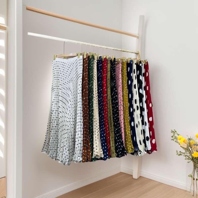 Multicolor Summer Japanese and Korean New Chiffon Fashion High-Waisted Slim Pleated Polka Dot Mid-Length Skirt for Women