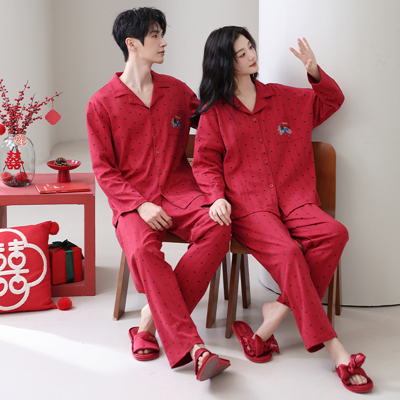 커플 잠옷녀 가을겨울 카디건 터틀넥 긴소매남 대홍명 년외 가정복 정장 결혼 결혼