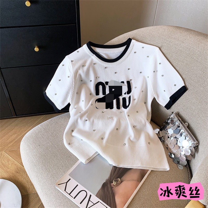 European station heavy industry full nail drill pullover short sleeve sweater women's 2024 summer new design sense niche top tide