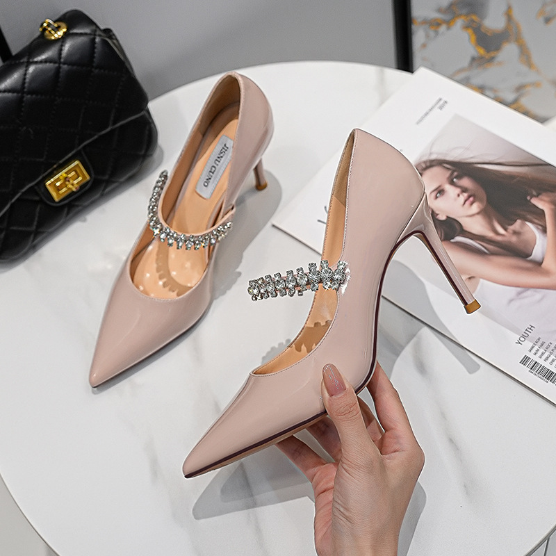 Rhinestone Pointed High Heels 2025 New White Wedding Shoes Patent Leather Nude Buckle Shoes Black Professional Shoes