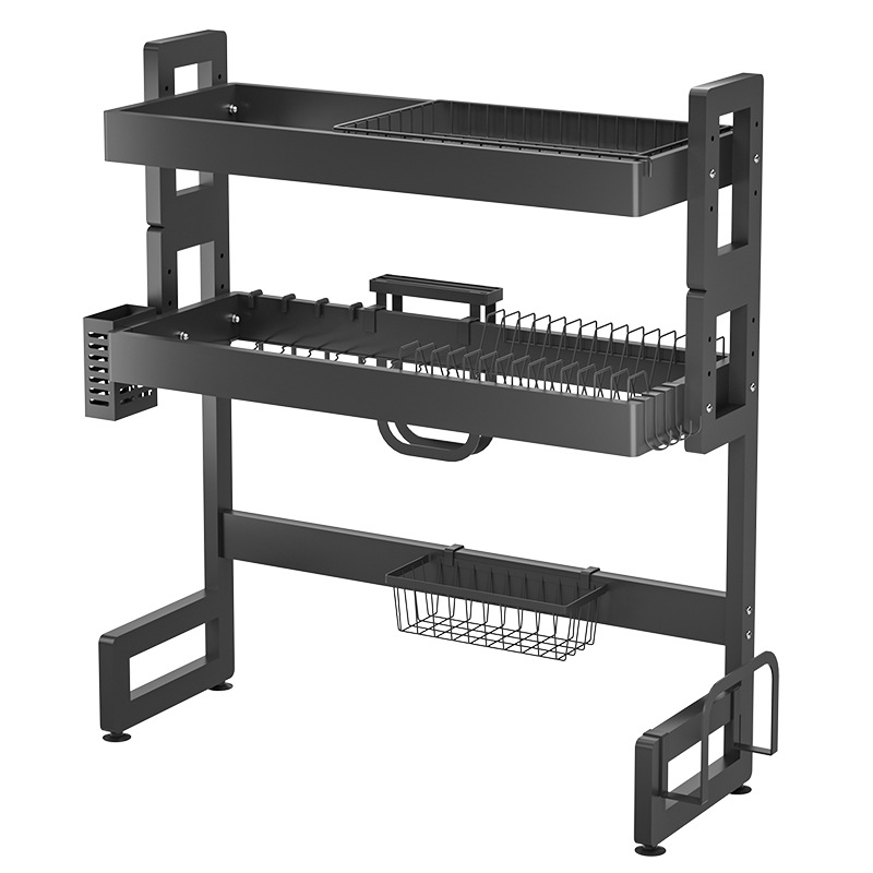 Fregadero de la cocina estante de drenaje estante de almacenamiento estante para platos encimera vajilla de múltiples capas estante de almacenamiento cesta de drenaje para lavar platos negro