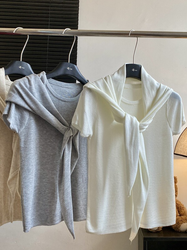 诺初 高级外搭披肩+短袖羊毛针织衫两件套女秋季休闲上衣|undefined
