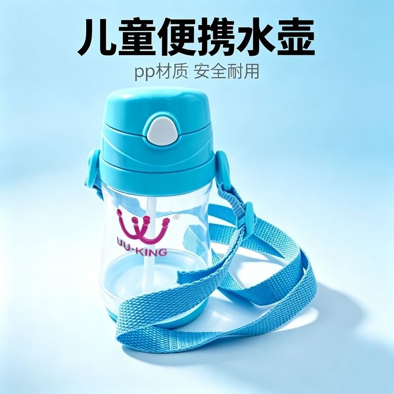 Non-toxic PP high-temperature resistant kindergarten children's water bottle, portable, safe, anti-drop, with crossbody strap, 300mL