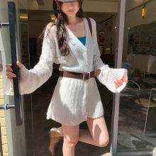 设计感镂空V领长袖针织开衫女秋季慵懒风休闲白色中长款上衣ins