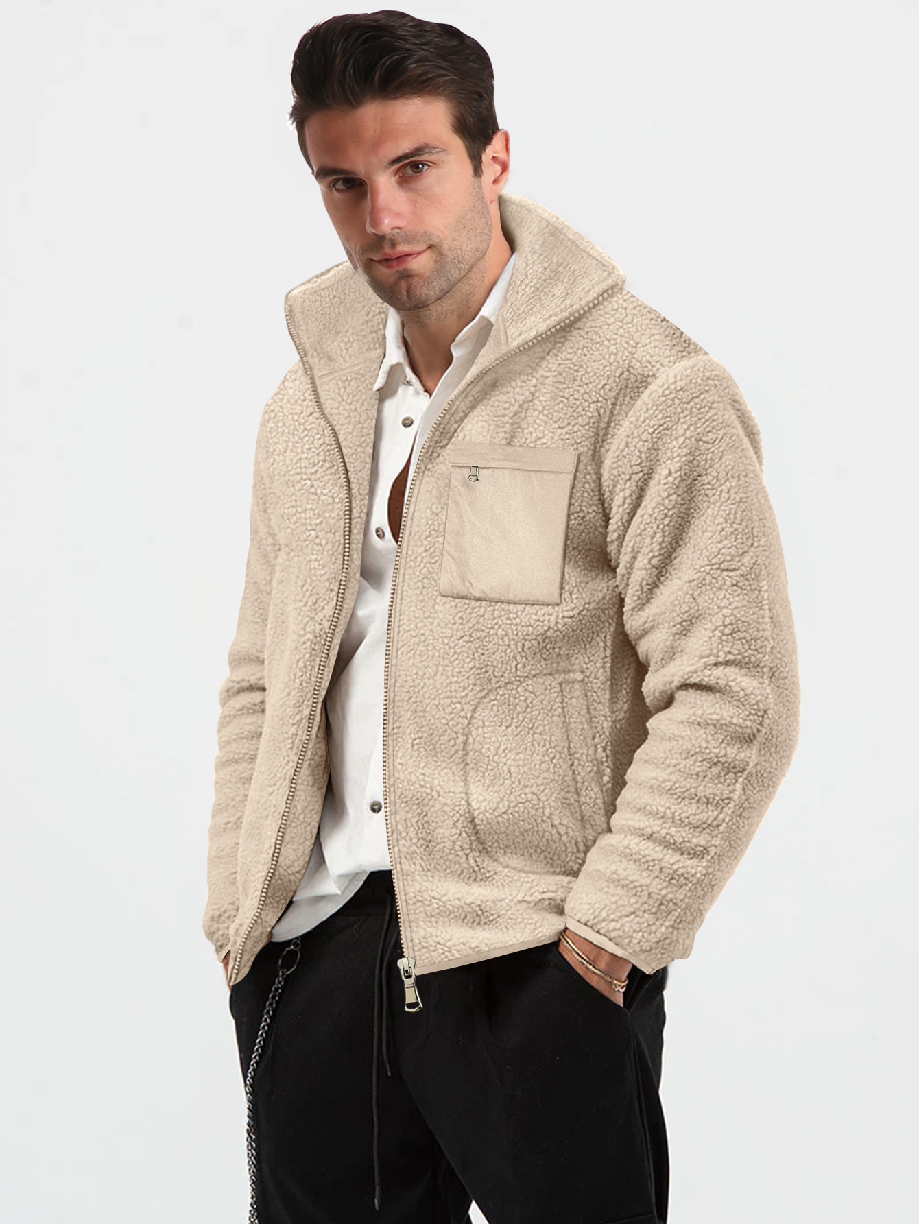 Men's Fleece Jacket Stand Collar Winter Cardigan For Men_voghion.com