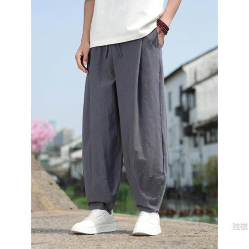 China style summer, new Chinese style youth men's wide-leg pants, cotton linen, loose large-size training lantern pants