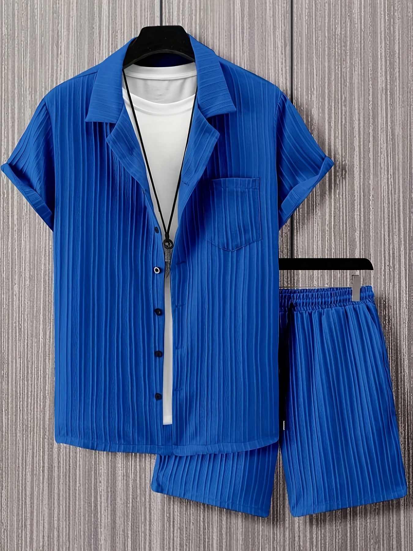 Lässiges Herren Hemd Und Shorts Set Mit Rüschentaschen_voghion.com
