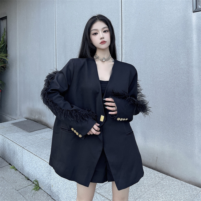 2023 Feather Patchwork Black Blazer for Women, Autumn Mid-Length Stylish Loose Suit Jacket, Long Sleeve Korean Style 2023 Feather Patchwork Black Blazer for Women, Autumn Mid-Length Stylish Loose Suit Jacket, Long Sleeve Korean Style