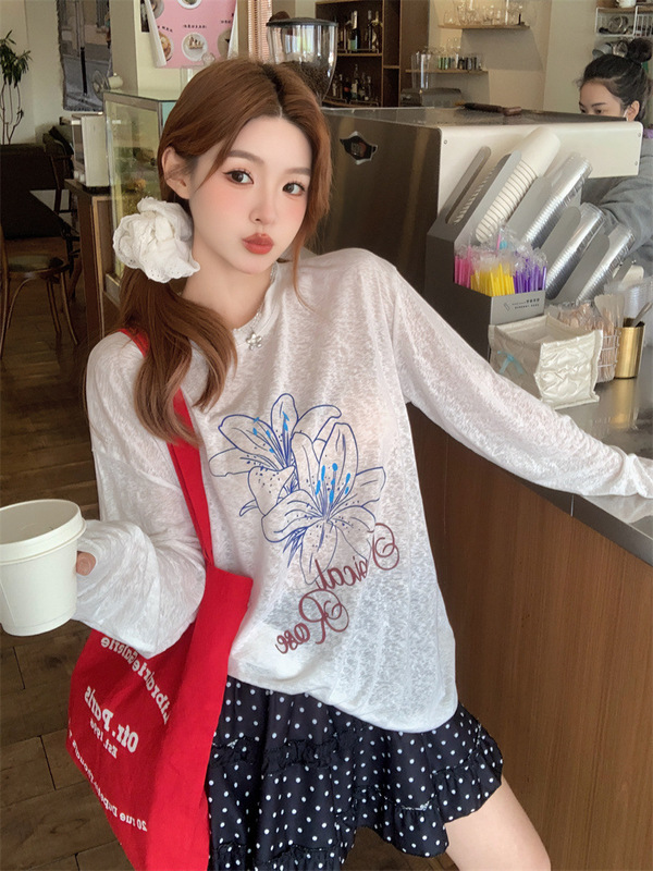韓国スタイルのレイジーホワイトプリント長袖Tシャツレディースサマーデザインニッチルーズ薄手日焼け止めブラウストップ|undefined