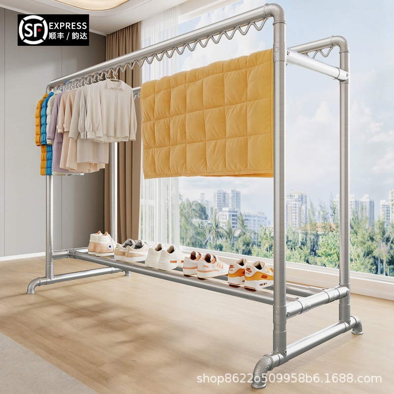 Galvanized Steel Pipe Clothes Drying Rack Floor-Standing Vertical Double-Pole Drying Rack for Rooftop Outdoor Balcony Sturdy Water Pipe Household Clothes Hanger