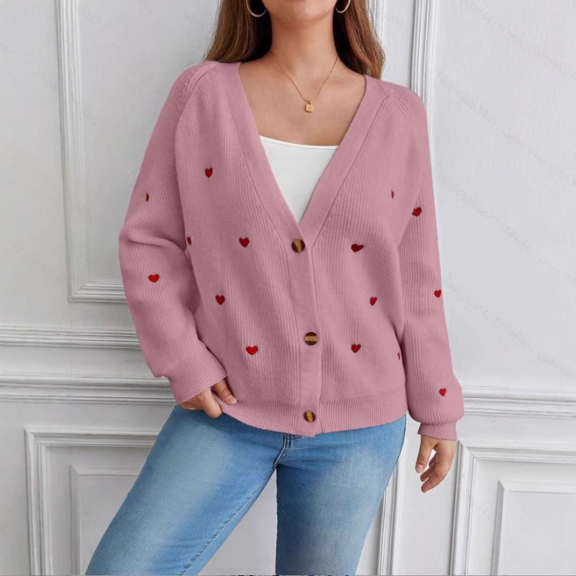 Comercio exterior transfronterizo amazon amor bordado camisa de punto chaqueta europea y americana otoño invierno botón único suéter de cuello en V cardigan mujeres image 1