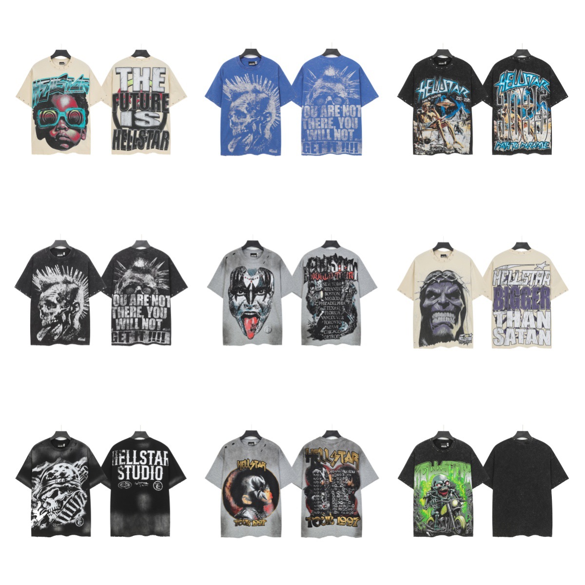 跨境欧美Hellstar街头潮牌洗水复古整件磨破数码印棉T恤现贷批发