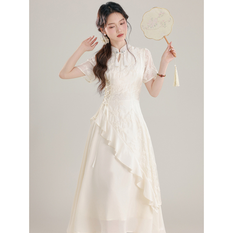 New Chinese-Style Improved Cheongsam with Irregular Design, Long Skirt for Women, New Style Ruffled Waist-Cinching Dress for Summer New Chinese-Style Improved Cheongsam with Irregular Design, Long Skirt for Women, New Style Ruffled Waist-Cinching Dress for Summer