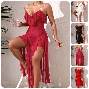 Cross-Border Supply Pure Color Mesh See-Through Temptation Backless Large Size Nightgown Comfortable Pajamas Home Clothes Wholesale 896