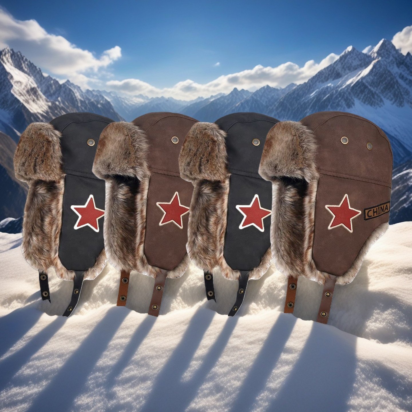 复古红星飞行员帽子女冬季新款麂皮绒护耳帽户外骑行滑雪雷锋帽男