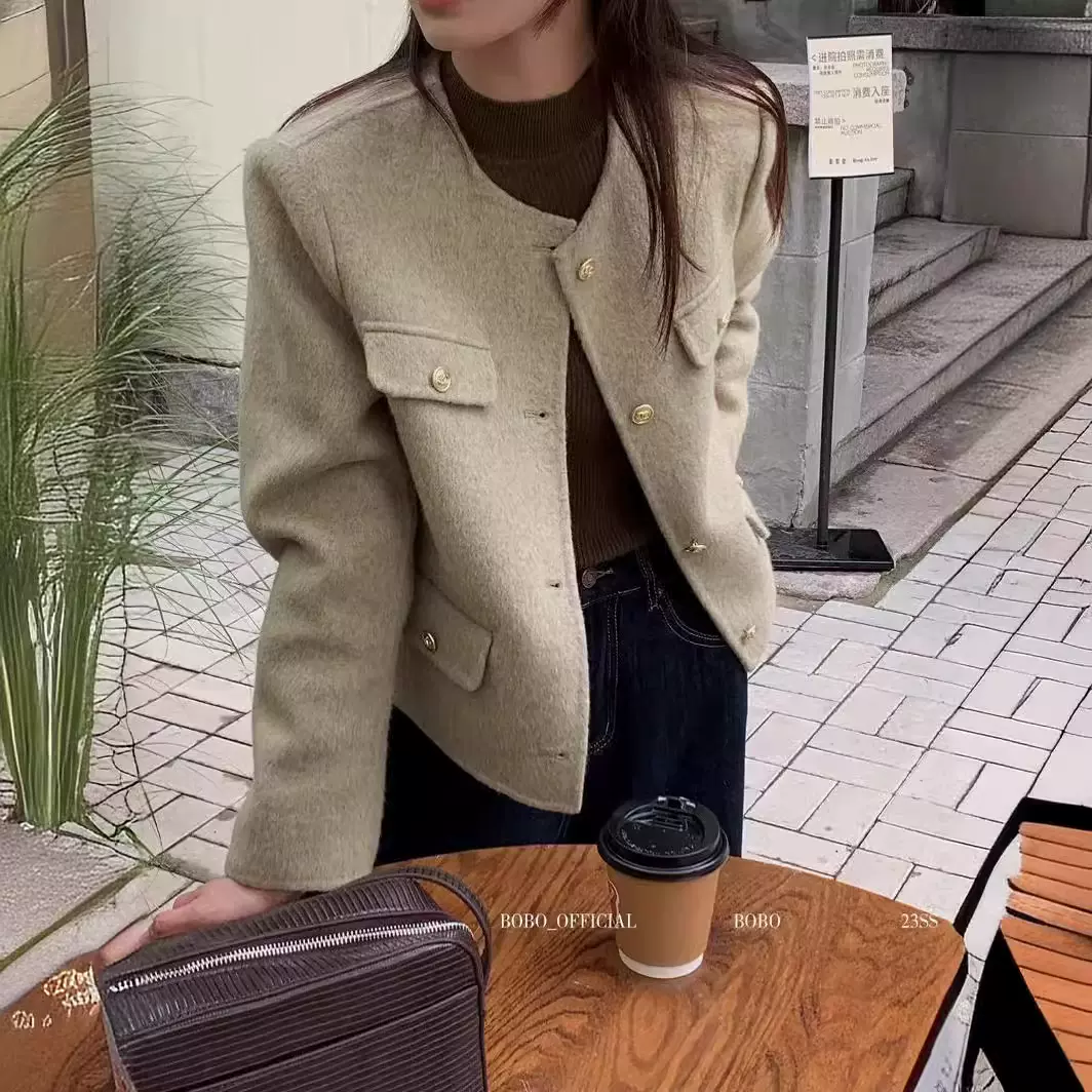 短款小香风羊毛大衣女春季高级感小个子羊绒格雷系穿搭毛呢外套女