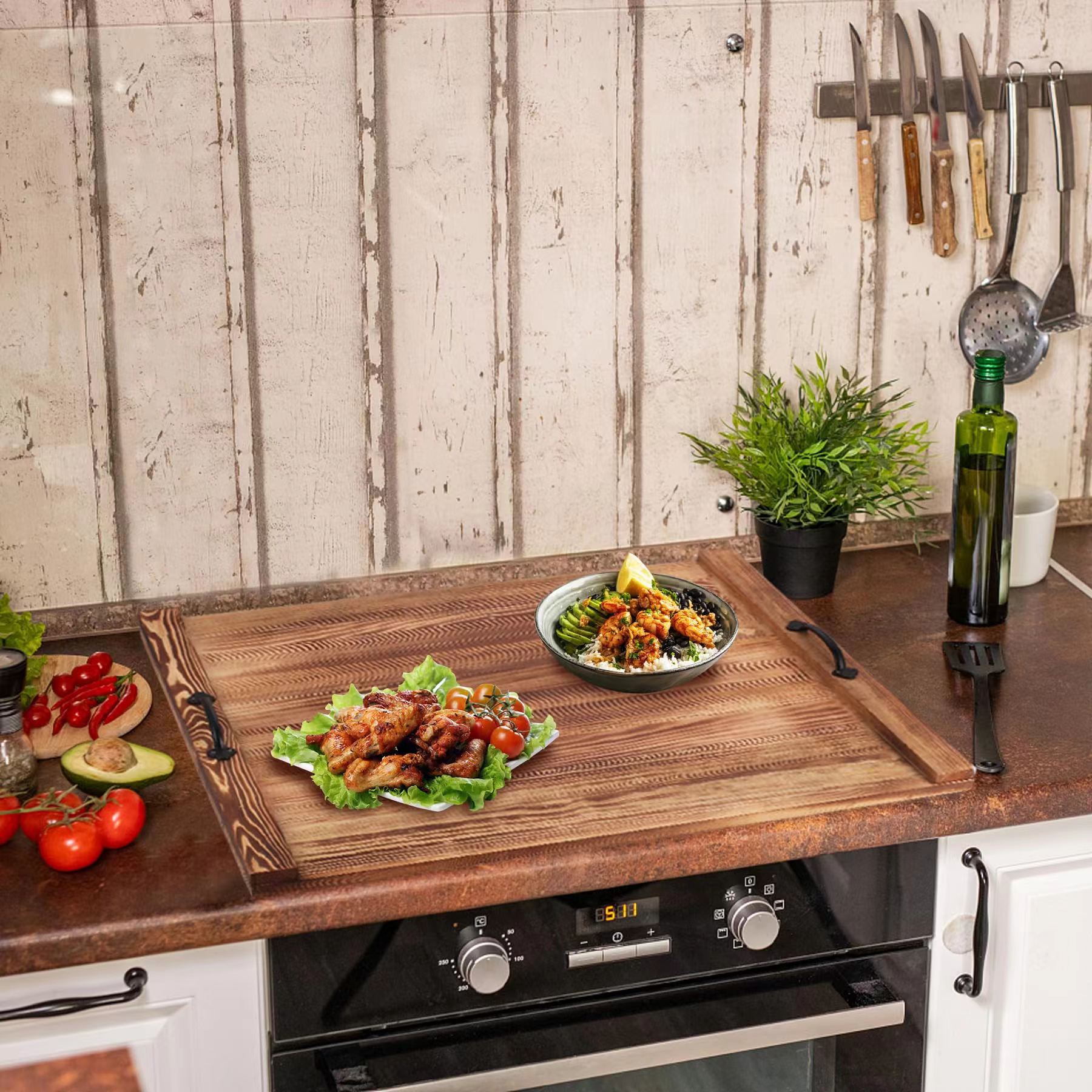 Bandeja de almacenamiento carbonizada de pino retro, mesa de centro de sala de estar, bandeja de té de madera, mesa de comedor, bandeja de frutas, decoración