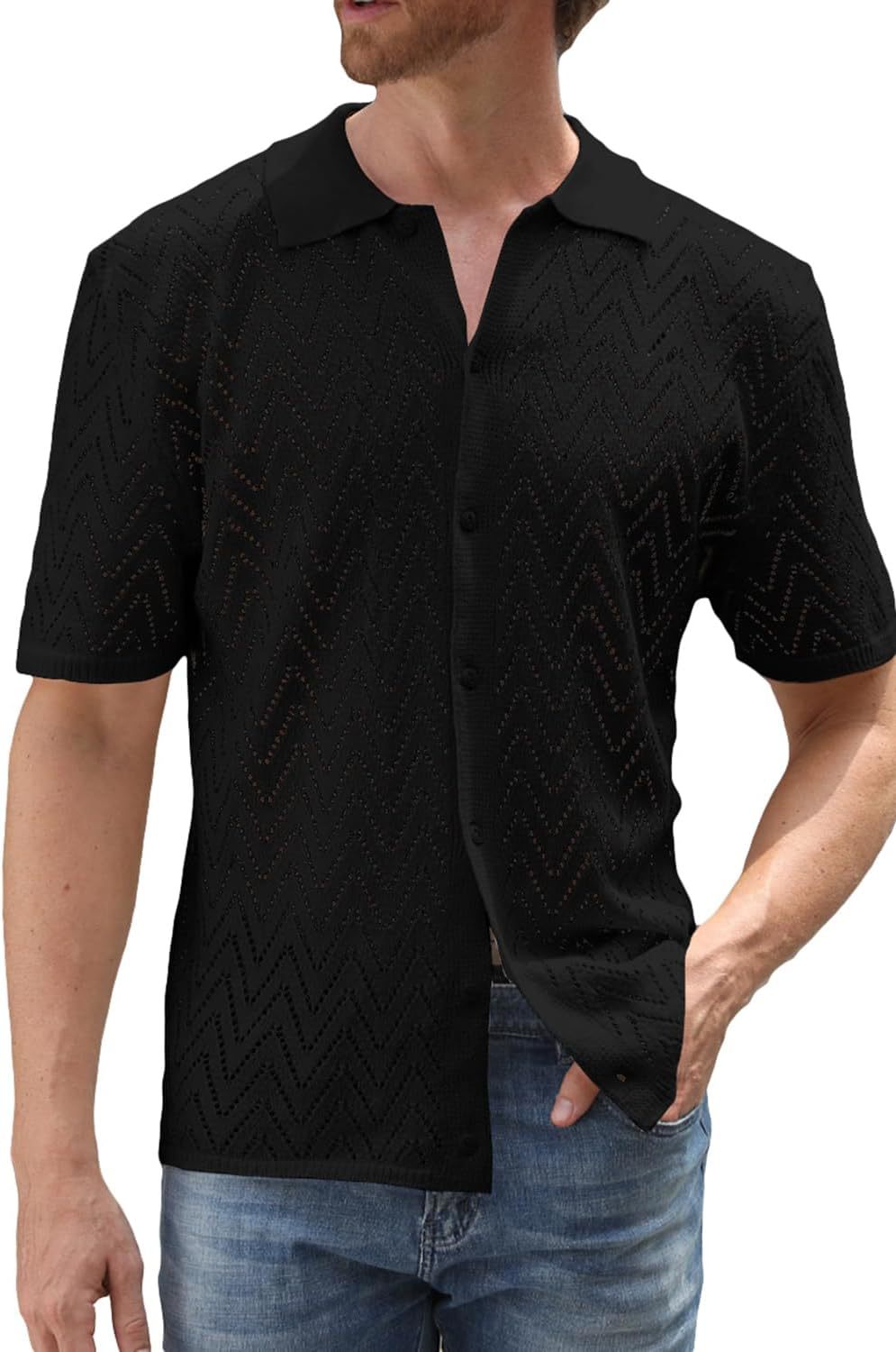 Summer New European And American Casual Knitted Short-sleeve Shirt, Cardigan, Solid Color Hollow Top Men's Clothing_voghion.com