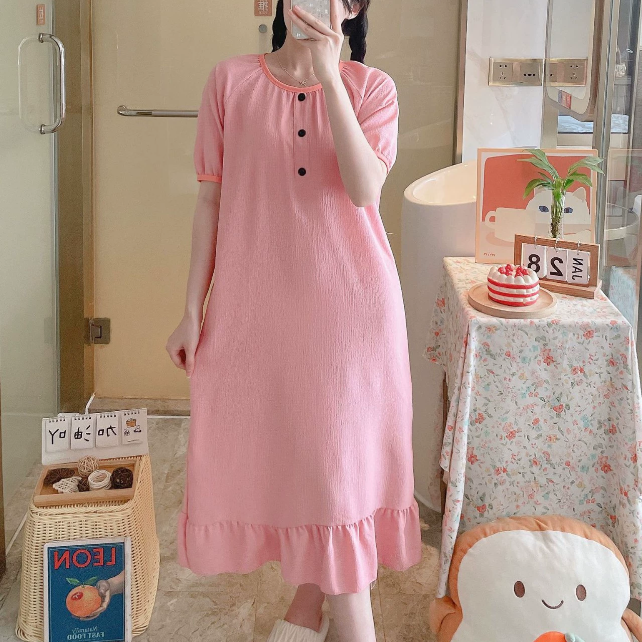 Женские пижамы весна-лето, короткий рукав, хлопок, 2025, новая милая модель, круглый вырез, свободного кроя, средней длины, домашняя одежда