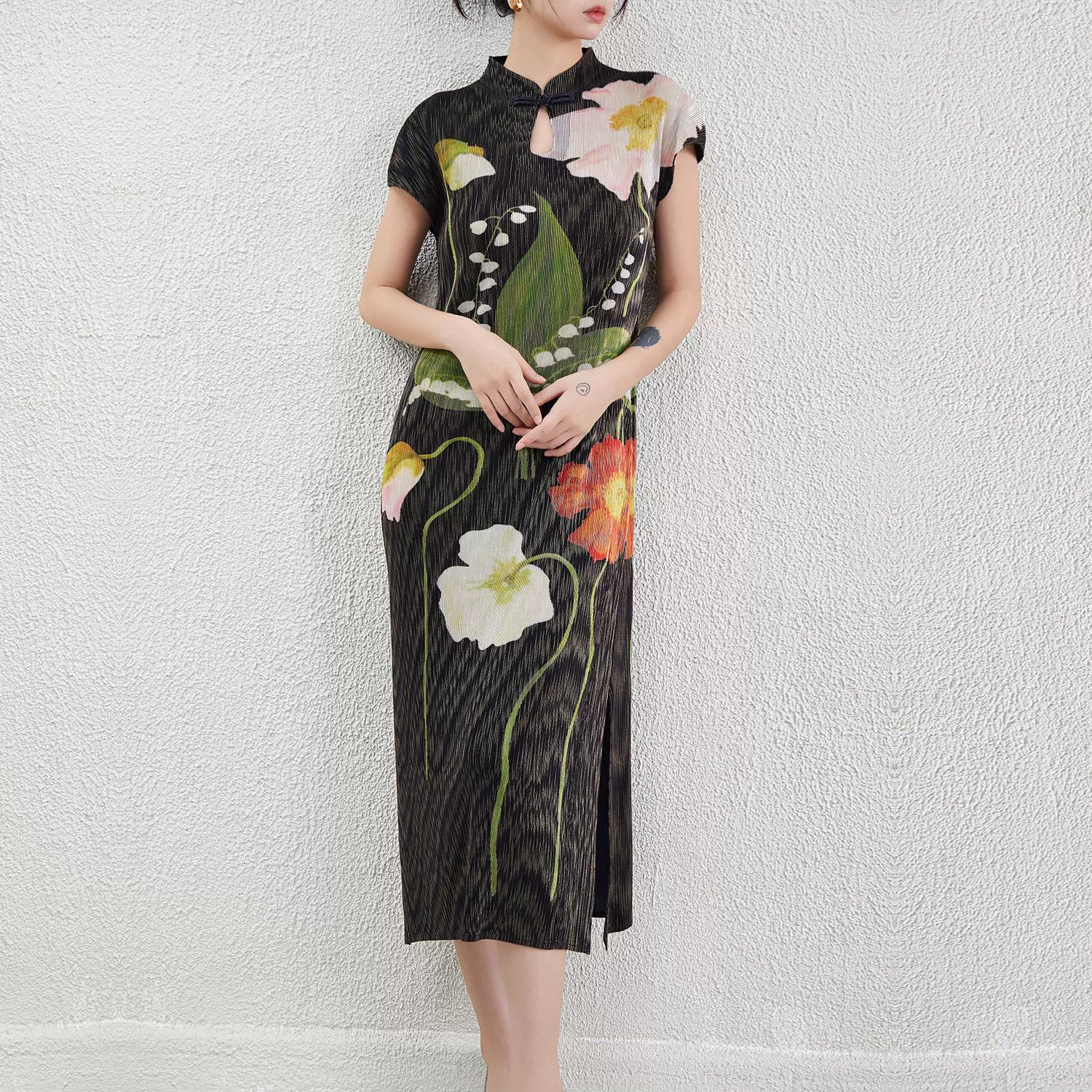 新中式改良旗袍复古连衣裙印花开叉修身显瘦褶皱老上海风复古长裙