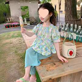 女童夏装休闲套装中小童夏新款洋气碎花泡泡袖上衣阔腿裤两件套潮
