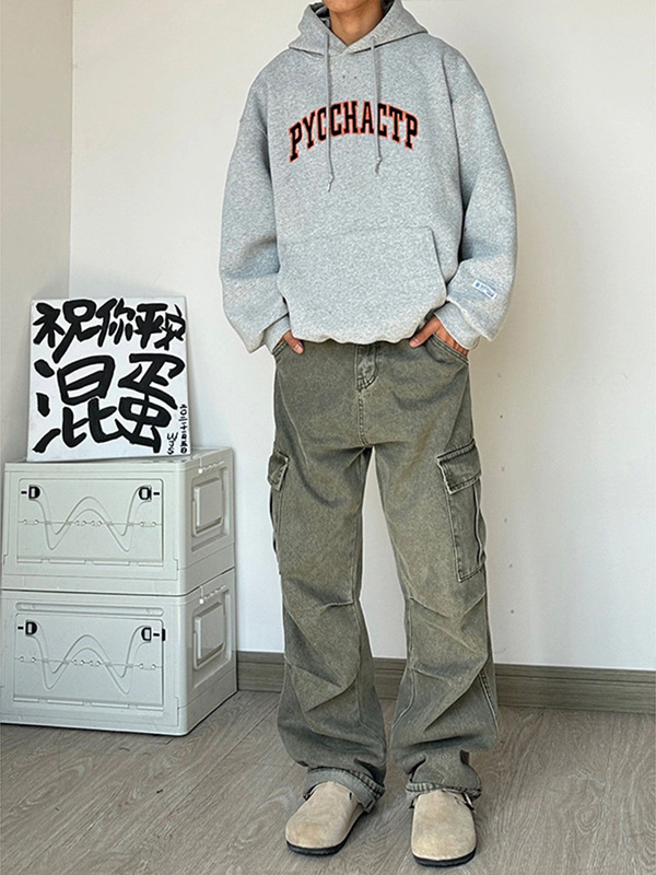 American Style Vintage vintage Pants High Street Washed Green Jeans Men's Straight Loose Logging Overalls