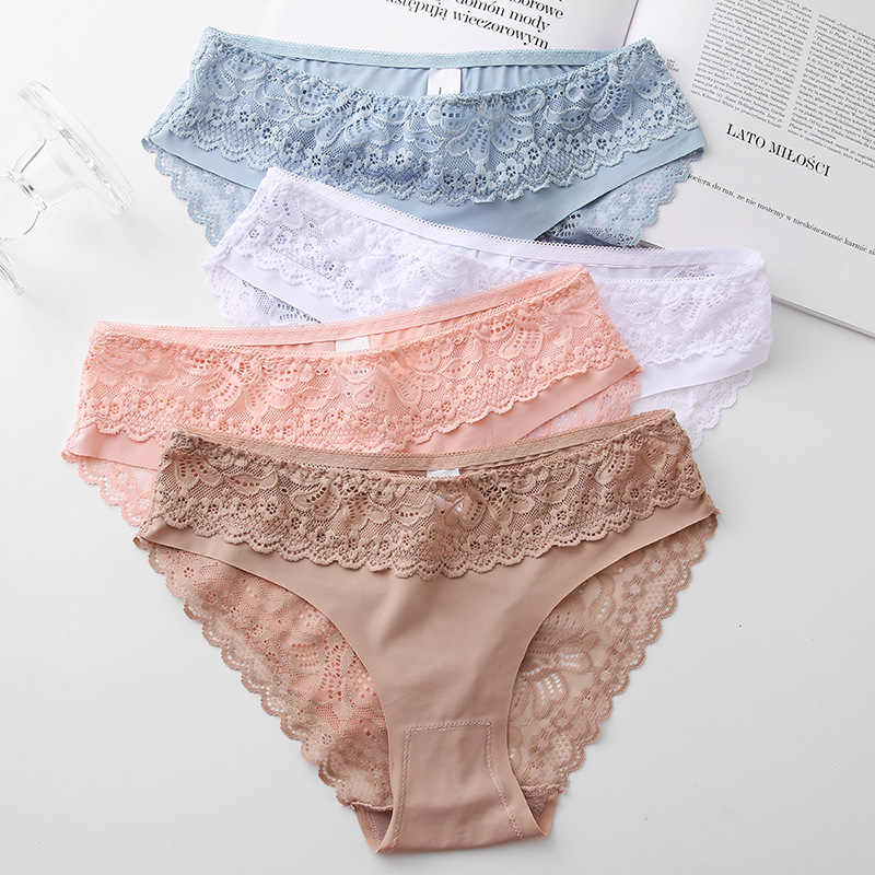 New European and American Foreign Trade Mid-waist Lace Sexy Seamless Breathable Ladies Underwear Hollow Solid Color Comfortable Girl Underwear