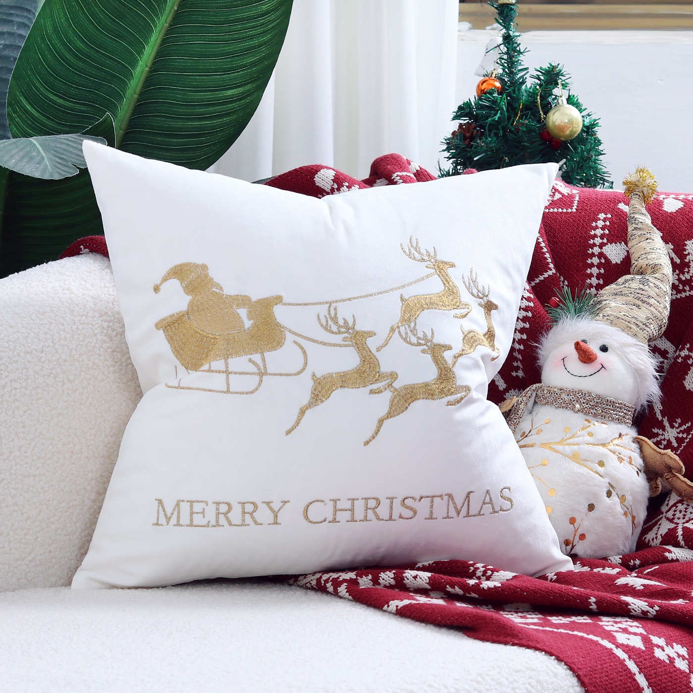 Ventas transfronterizas en caliente de alce árbol de Navidad estampado almohada cubierta de nieve de otoño y invierno bordado estilo de decoración de vacaciones atmósfera cojín cubierta