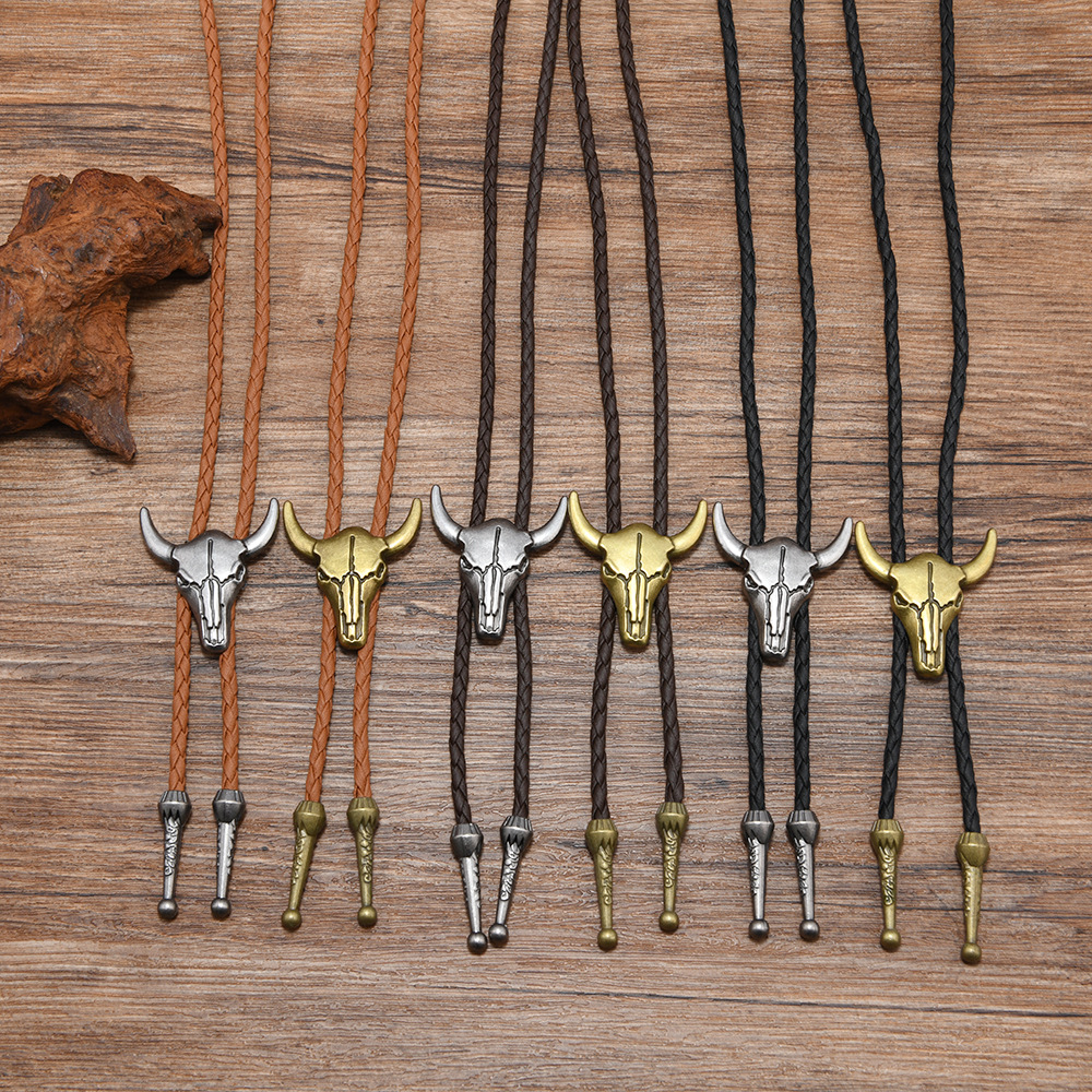 复古牛头波洛领结男女通用编织皮绳项链西部风合金吊坠时尚百搭配