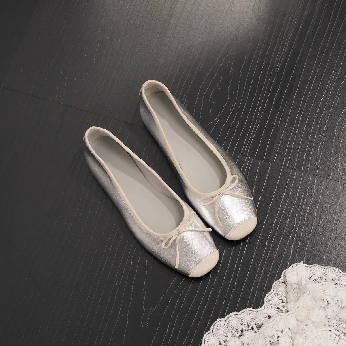 Sheepskin Version ~ French Retro Genuine Leather Square Toe Shallow Bow Ballet Shoes Women's Sweet Flat Soft Sole Single Shoes