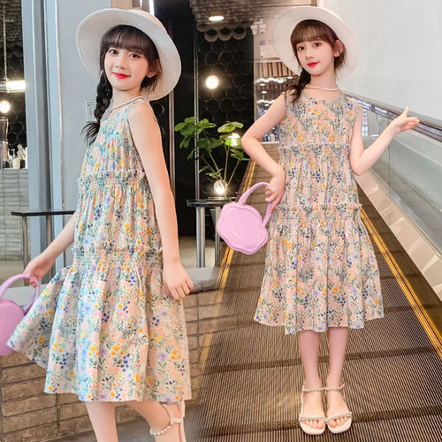 Girls Summer Cotton Sleeveless Dress Pure Cotton Floral Tank Top Forest Suspension Vacation Summer Travel Trend