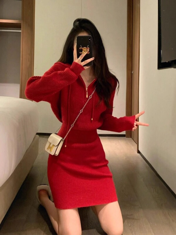 Brother's Boutique Quality Autumn and Winter New Red Christmas and New Year Festive Knit Sweater Dress for Women