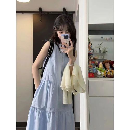 Blue Sleeveless Dress Women's Summer French Style Round Neck High Waist Cinched Slimming Midi Vacation Midi Dress