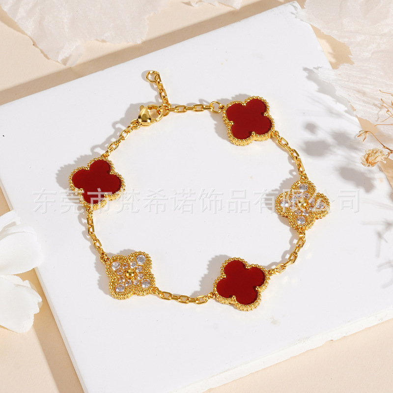 15mm High-End Version Four-Leaf Clover Groove Five-Flower Interwoven Diamond Bracelet, Light Luxury Designer Classic Bracelet Jewelry Wholesale