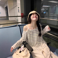 韩系撞色条纹绑带露肩斜肩长袖防晒t恤女夏季慵懒宽松罩衫上衣薄