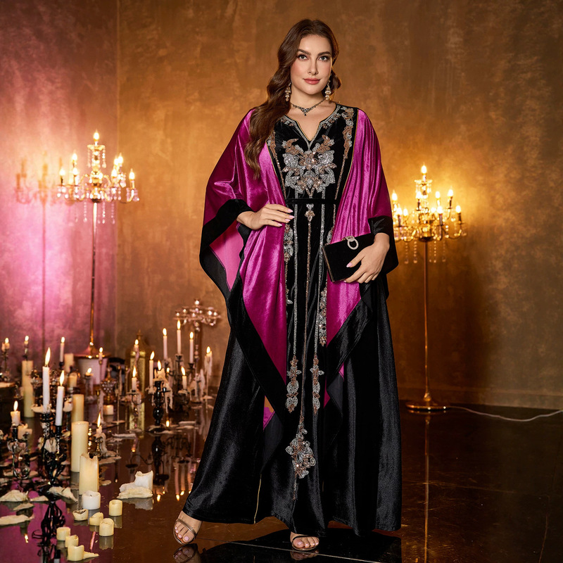 Cross-border e-commerce foreign trade V-neck, large hem, bat sleeves, sequin embroidery, velvet elegant long gown evening dress Cross-border e-commerce foreign trade V-neck, large hem, bat sleeves, sequin embroidery, velvet elegant long gown evening dress