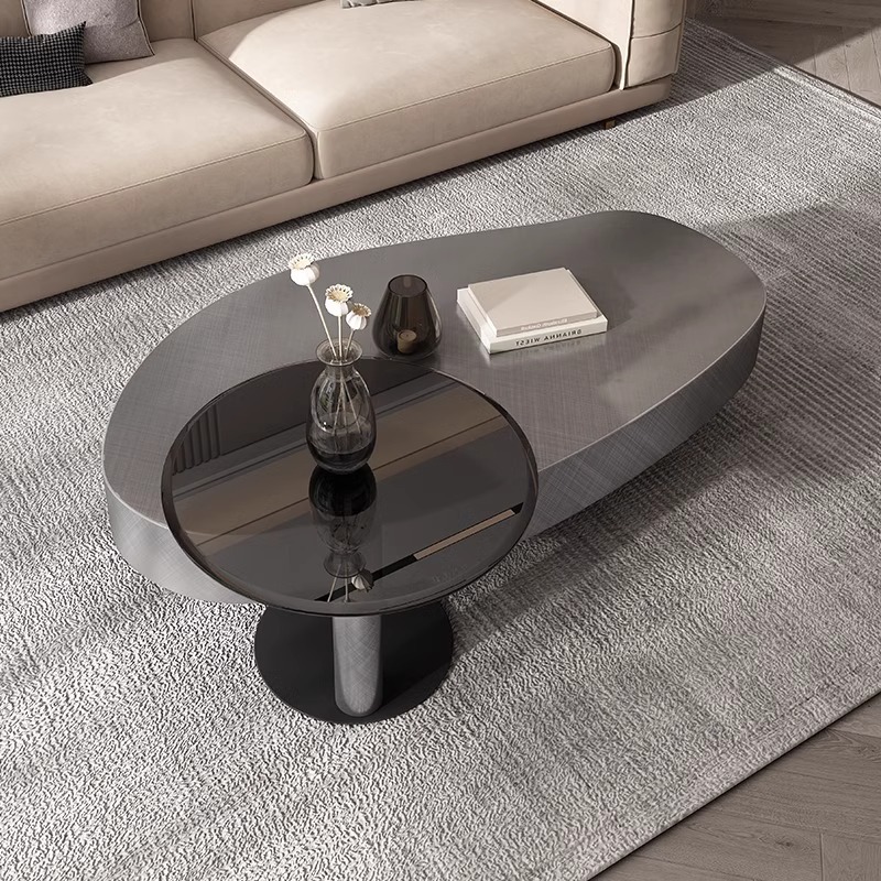 Italiano Oval de gama alta minimalista mesa de café de mango sala de estar hogar pequeño apartamento moderno minimalista de acero inoxidable con cajón