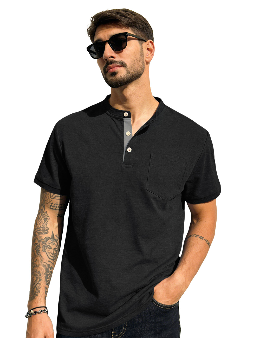 Estación independiente de verano hombre monocolor Henry polo camiseta superior americano casual comercio exterior camiseta de manga corta