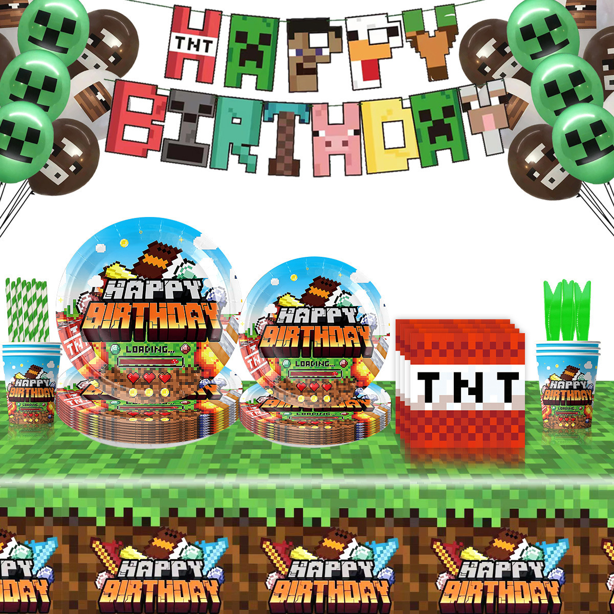 Minecraft 생일 파티 장식 테마 식기 가상 세계 종이 접시 종이 컵 종이 타월 식탁보 파티 식기