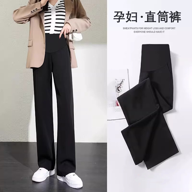 Maternity Pants, Suit Pants for Outerwear, Spring and Autumn Black Straight-Leg Pants, Plus-Size Extended Pants with Belly Support, Autumn and Winter Fleece-Lined Dress Pants