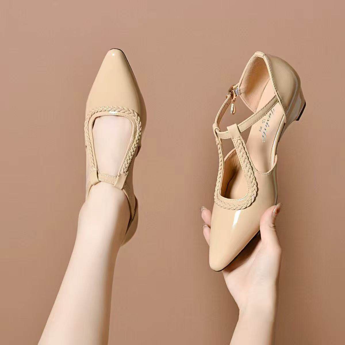 Sandal nữ mũi nhọn gót thấp da thật đế mềm hở mũi — màu be chi tiết 6