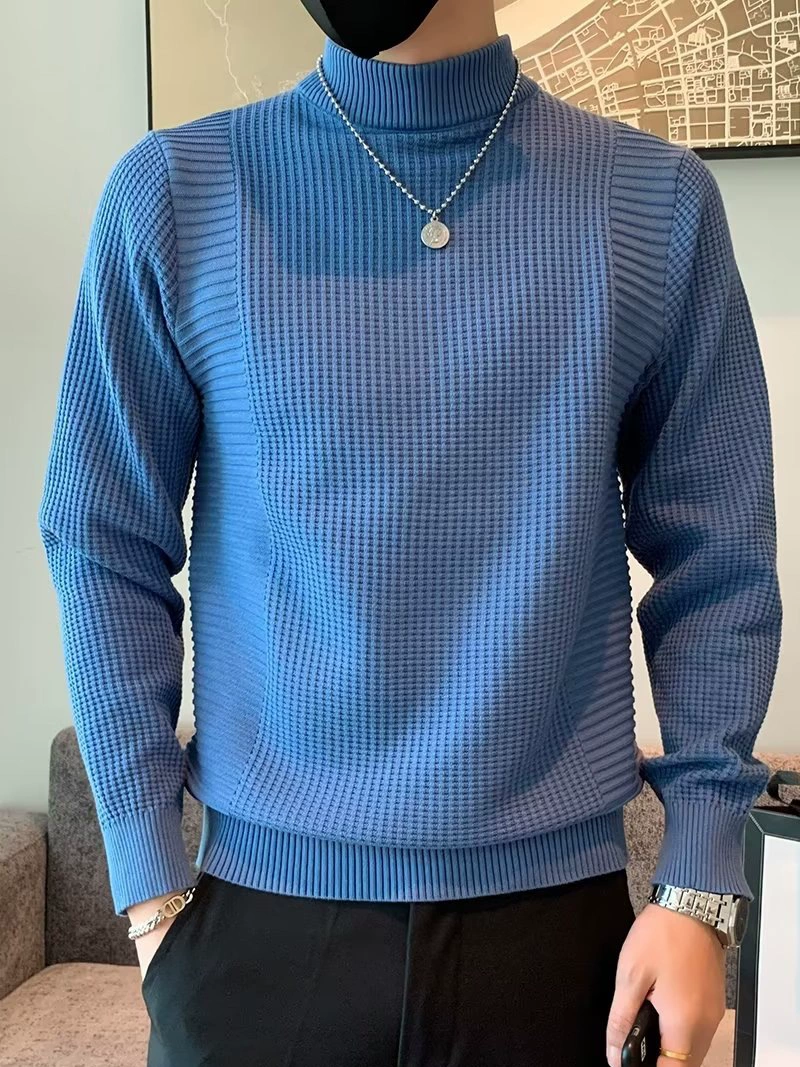 Мужской эластичный цветной вязаный демисезонный базовый свитер, slim fit