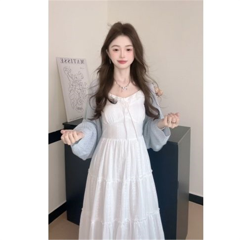 法式温柔风白色吊带裙女2025春季新款V领开衫连衣裙两件套装|undefined